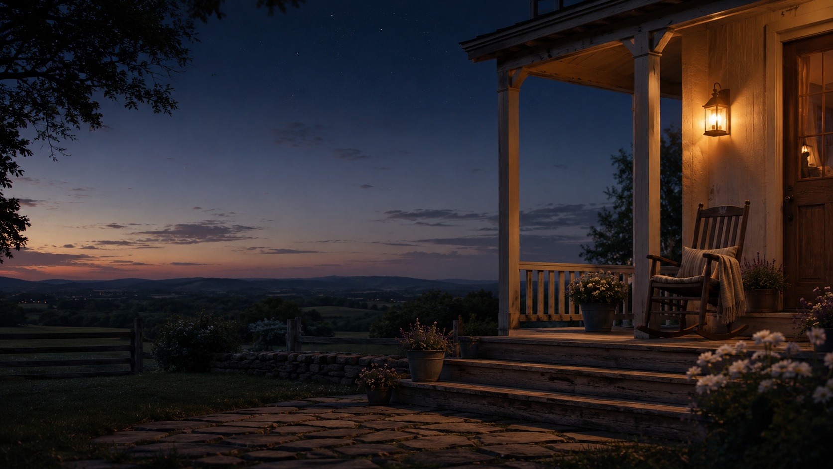 A warm Lark Mesa porch at dusk with the porch light on